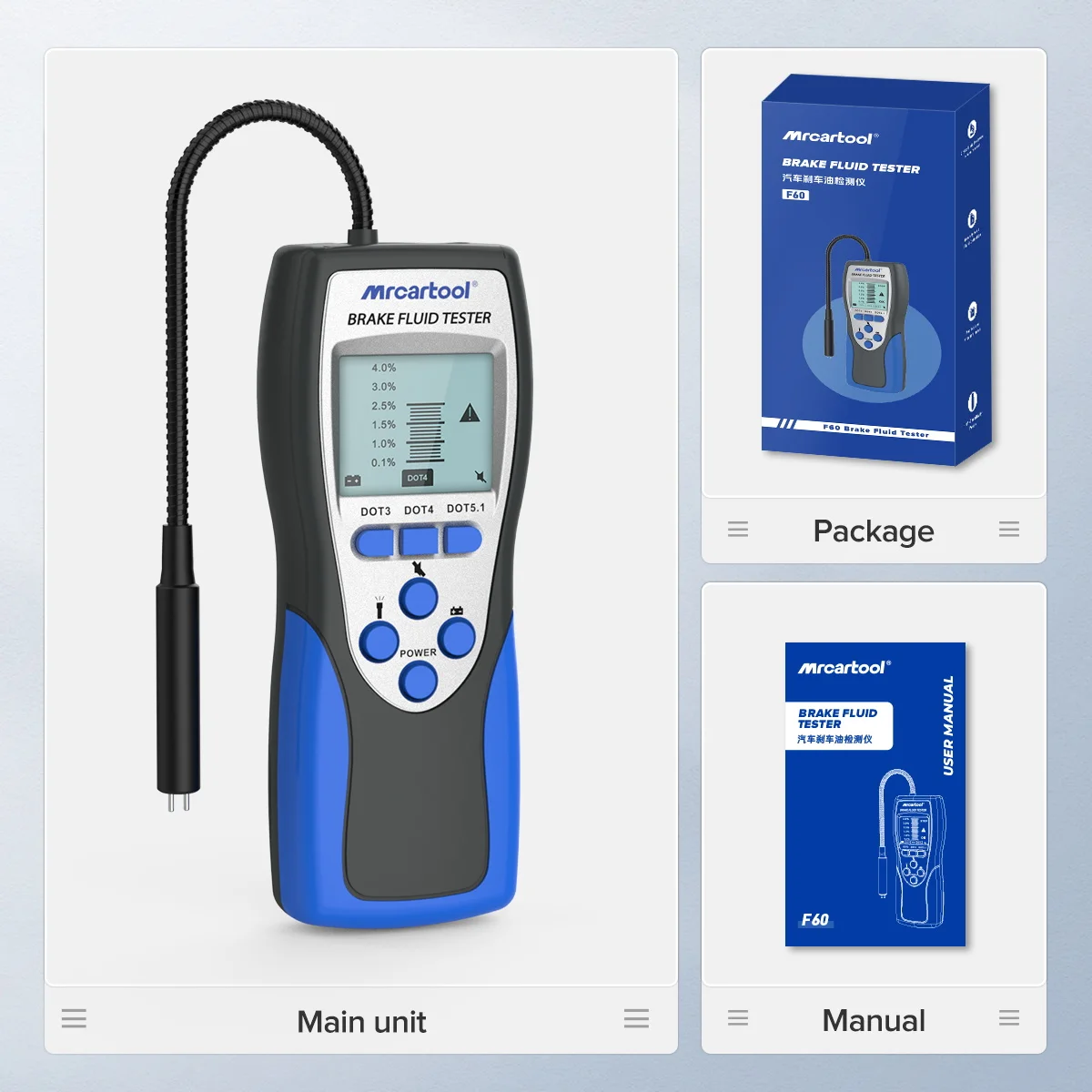 

MR CARTOOL F60 Автоматический тестер тормозной жидкости DOT3 DOT4 DOT5.1 Несколько масел HD с подсветкой экрана Автомобильный тормозной масляный инструмент