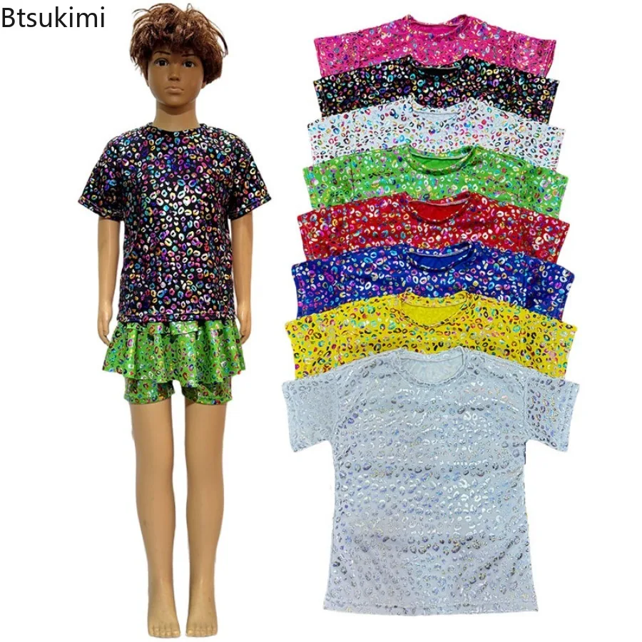 Kids Leopard Shirt Cheerleading Jazz Hip-hop Dance Top Shiny Sequins O-Neck Short Sleeves T-shirt for Stage Performance Party