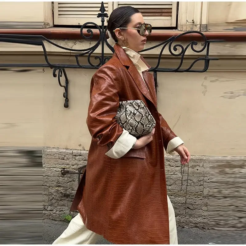 Fashion Loose Solid Pu Leather Coat Women Full Sleeve Lapel Single Breasted Long Coats Female 2026 Autumn Winter Outwear Lady