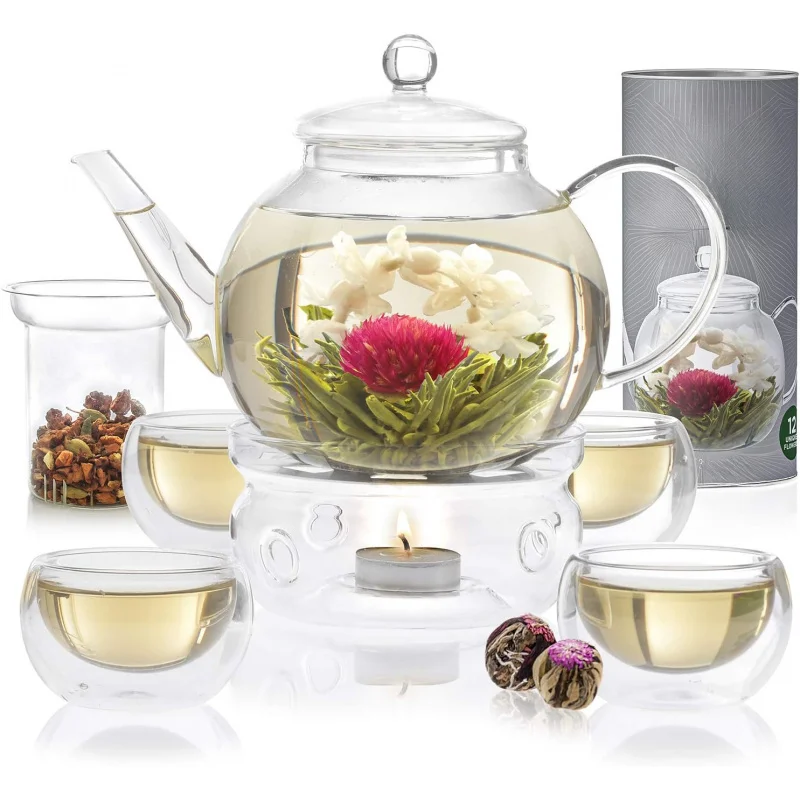 

Complete Glass Tea Set – Teapot (40 oz), Loose Tea Infuser, 4 Insulated Teacups, Tea Warmer with Candlelight, and 12 Flowering T