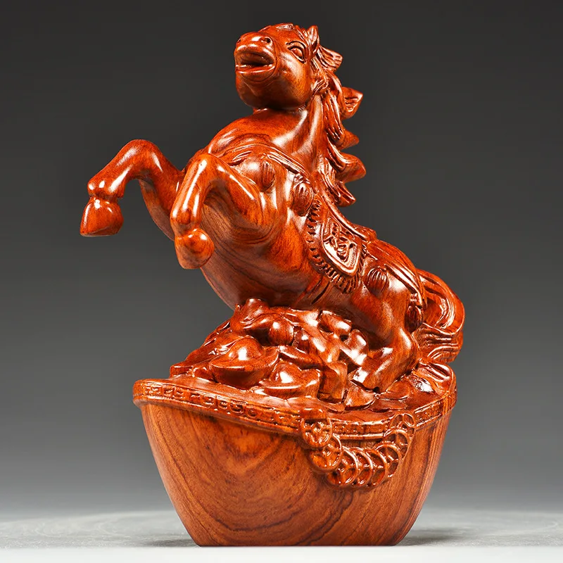 Solid Wood Horse Ornament Chinese Style Rosewood Wood Carving Win Instant Success Crafts Office Table Decoration Home Wine Cabin