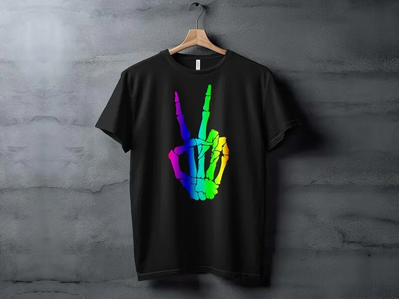 Vibrant Rainbow Bones Graphic Tee, Bright Victory Sign Fingers