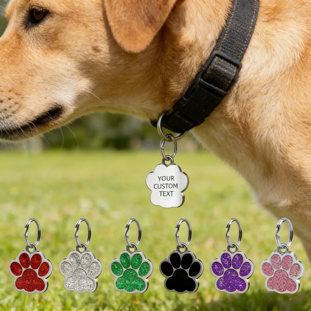 Personalized Pet Id Tag With Glitter Paw Design Custom Engraved Dog Cat Name Tag Multi-Color Pet Collar Charm Pet Identification
