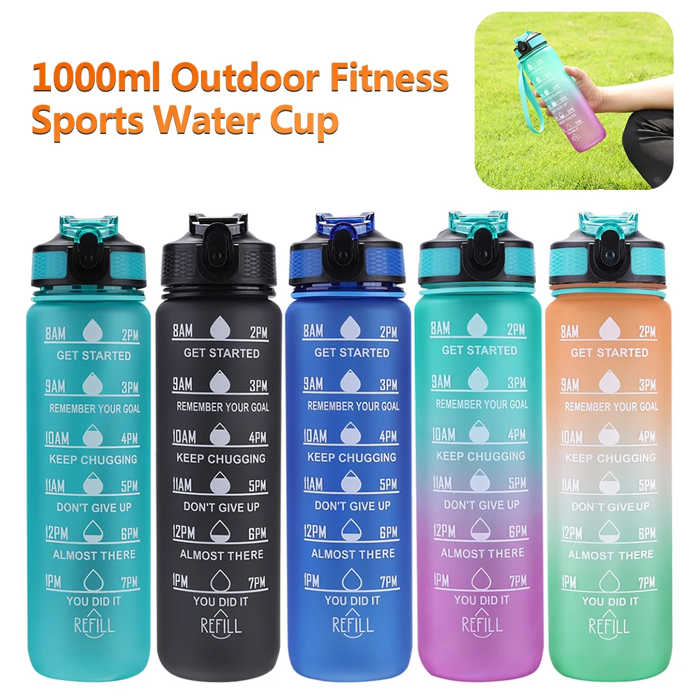 Botella de agua deportiva con pajita, vaso esmerilado sin BPA a prueba de fugas, fabricante de tiempo, 1 Litro, botella para beber para deportes al aire libre