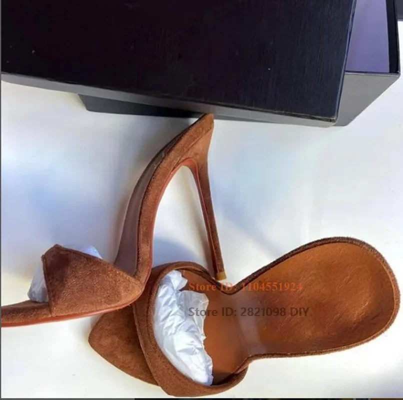 스웨이드 가죽 스틸레토 힐 슬리퍼 여성 지적 오픈 발가락 뮬 한 벨트 스트랩 얇은 뒤꿈치 슬립 온 샌들 섹시한 드레스 신발