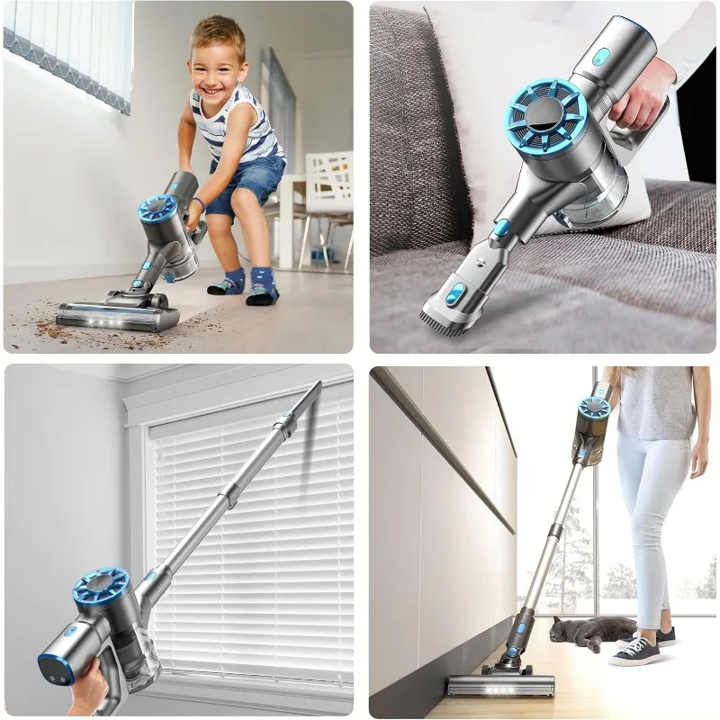 Vazone Cordless Vacuum Cleaner, Lightweight Stick Vacuum Cleaner with Self-Standing, Rechargeable Battery and LED Display, Blue