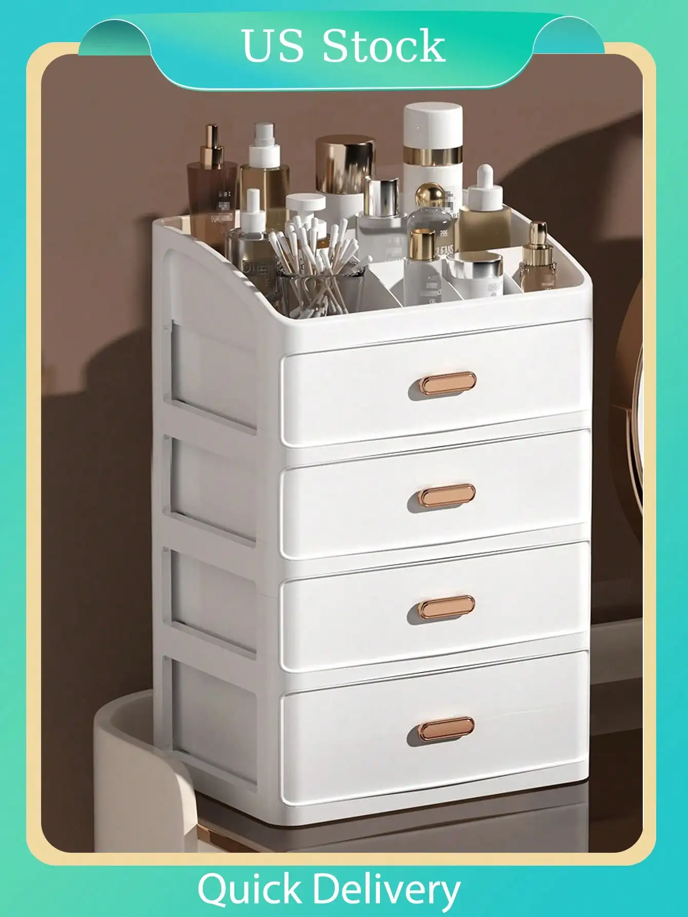 

1pc 4-Layer White Cosmetic Storage Box, Desktop Storage Cabinet, Compartment Rack, Dormitory Dresser, Shelf