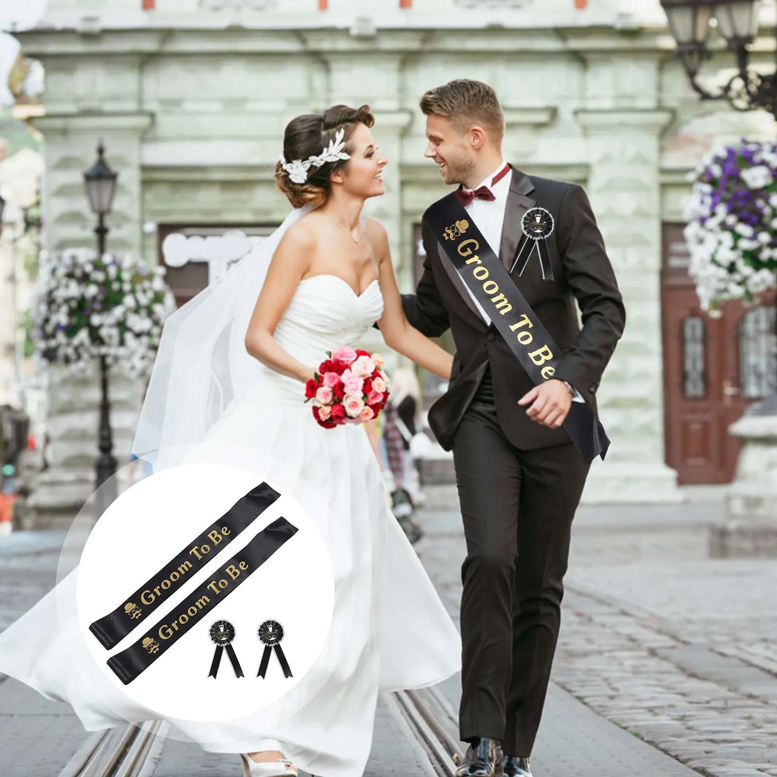 

2Sets Groom Sash with Flower Brooch Gentleman Bow Tie Design Safe Material Easy Wear Party Decoration Engagement Sashes Set