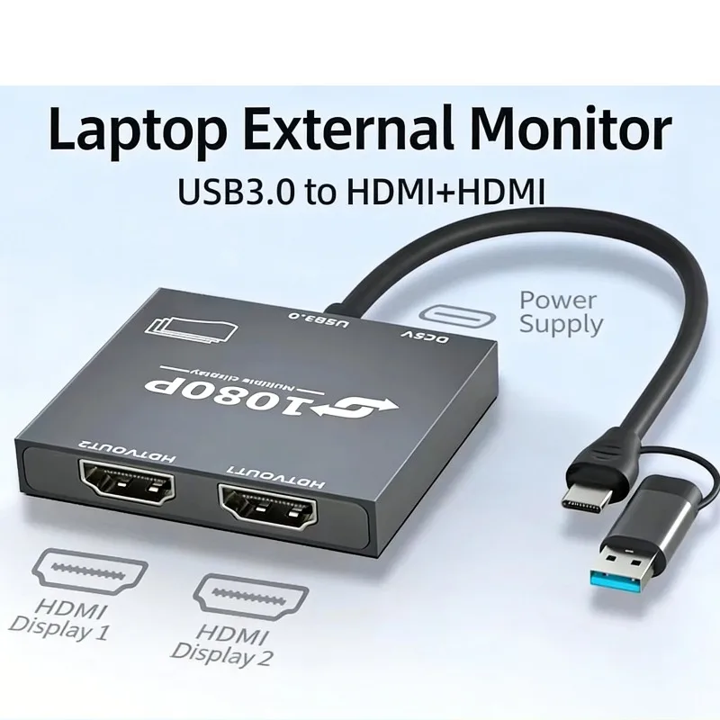 USB 3.1 Type-C to Dual Female Adapter 16.5cm 1080P 60Hz Video Cable Aluminum Alloy Construction CE FCC Universal Converter