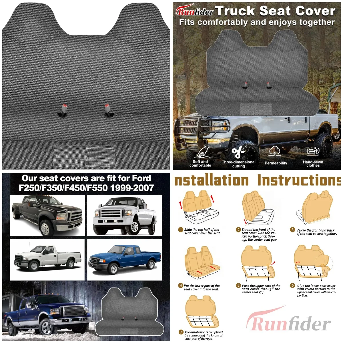 

600D Heavy Duty Waterproof Bench Seat Cover for 1999-2007 Ford F250-F450 Super Duty, 3-Passenger, Non-Slip Oxford Cloth-Gray