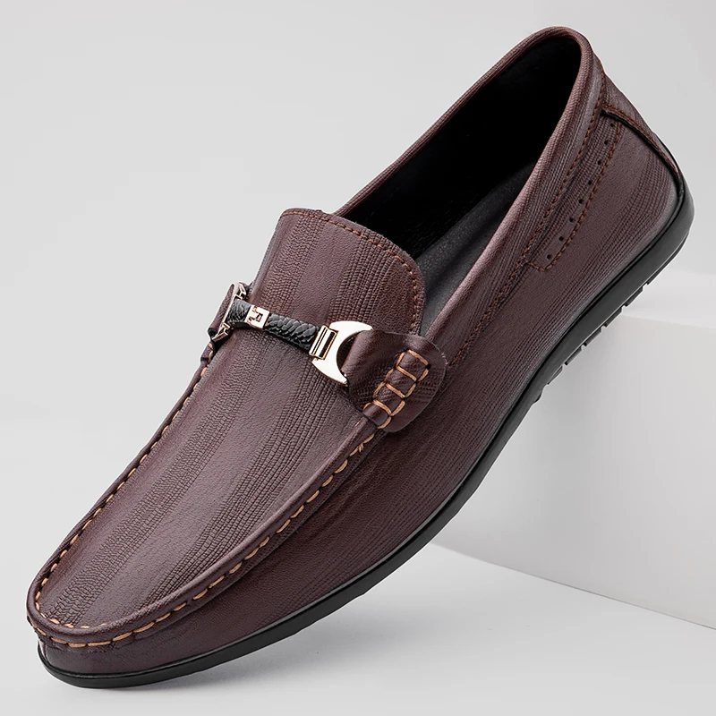 

Men's Leather Slip-On Loafers, Driving Moccasin Casual Shoes with Metal Buckle, Brown and Black