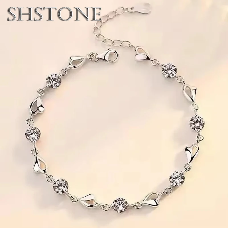 

SHSTONE 925 Sterling Silver Zircon Heart Shaped Bracelets Crystals for Women Valentines Gift Wedding Party Cute Fine Jewelry