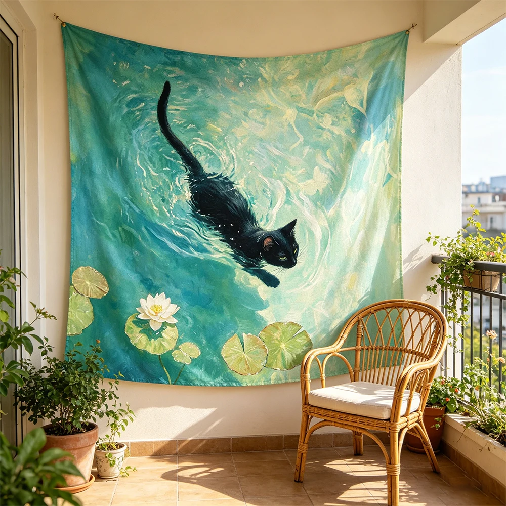 Swimming Black Cat Tapestry, Water Lily Pond Aesthetic Wall Hanging, Cute Cat Art Tapestry for Bedroom Living Room Dorm Decor