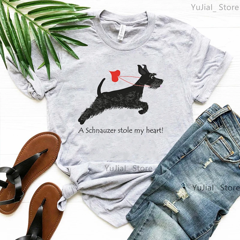 A Schnauzer Stole My Heart Graphic Print Tshirt Girls Harajuku Kawaii Dog Lover T Shirt Women Pink/Green/Gray/Yellow T-Shirt