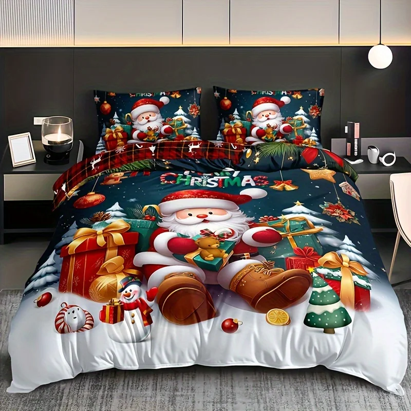 parure-de-lit-de-noel-3-pieces-housse-de-couette-et-taies-d'oreiller-imprimees-pere-noel-et-bonhomme-de-neige-polyester-respirant-lavable-en-machine