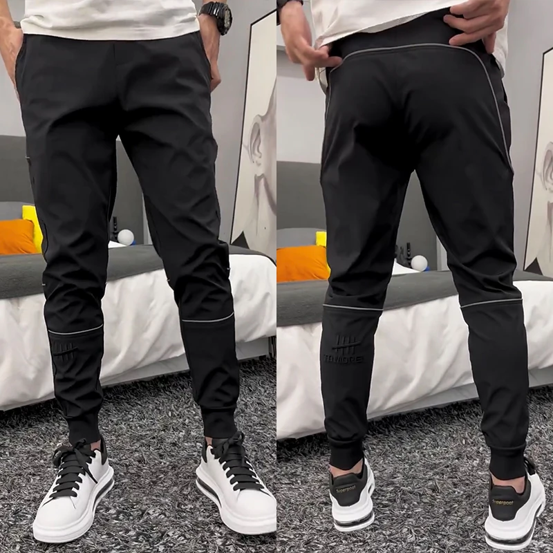 Quick Dry Thin Summer Ice Silk Casual Pants Men's Fashionable All-Match Reflective Strip Slim Fit Sports Pants Youthful Energ...