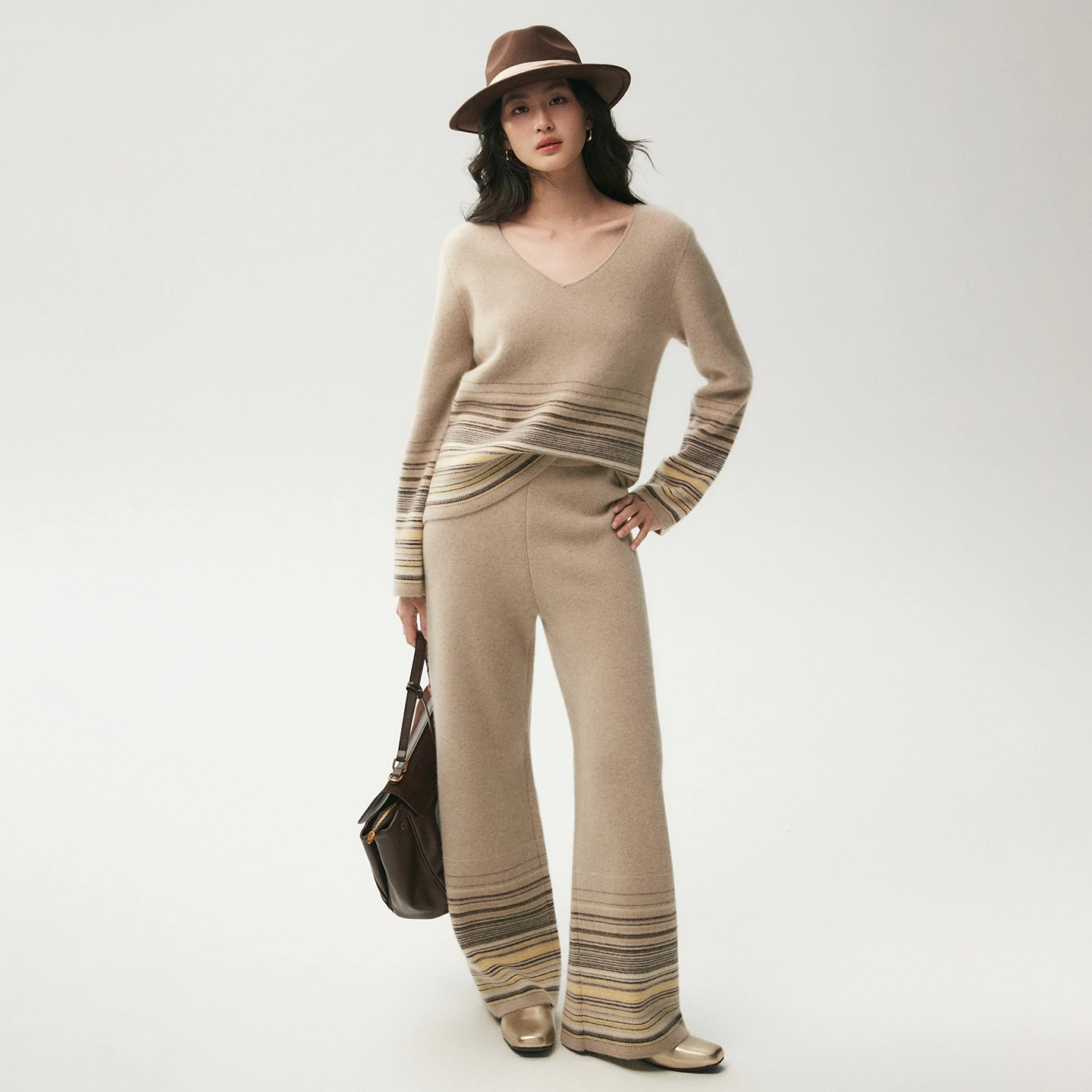 Western Cowboy Style Womens Sweater Set 100% Cashmere Deep V-neck Pullover Pants Knit Suite Autumn Winter Clothes Warm Two-piece