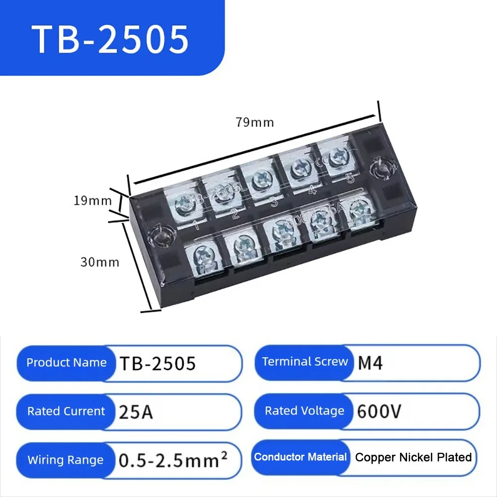 600V Screw Terminal Block 3-20 Positions 25A Current Rating Barrier Strip Connector Dual Row Design Screw Clamp Connection
