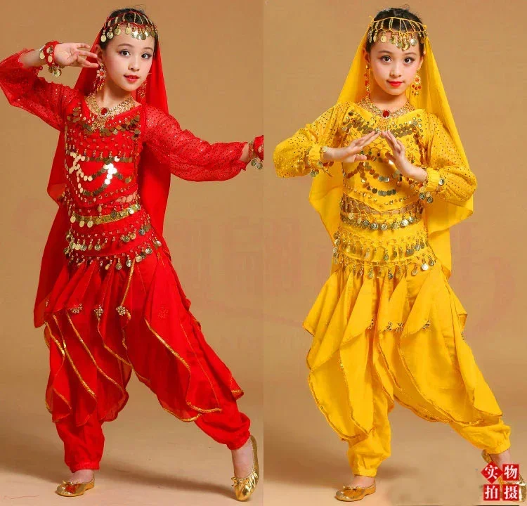 5pc/set Girl Belly Dance Costumes for Kid Dance Set Children Long Sleeve Belly Dancing Costume for Kid Performance Indian Stage