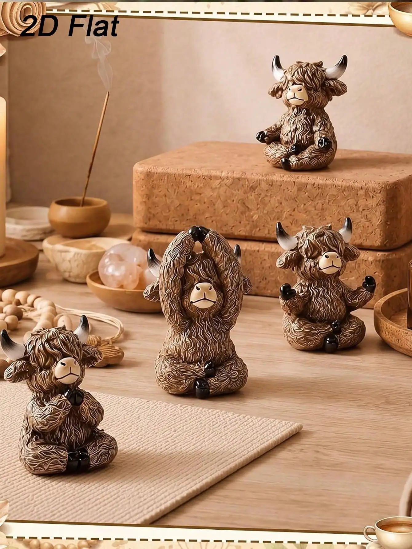 4 pieces of 2D flat rustic-style home decor Highland cow wooden ornaments, paired with farmhouse-style gnome figurines, a gift for Scottish cow lovers, suitable for decorating desks, shelves, fireplaces, windows, and bathrooms