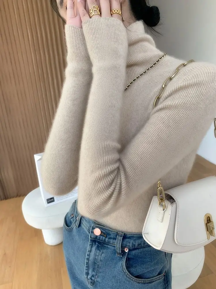 2024 Korean Style Turtleneck Long Sleeve Pullover Fashion Soft Warm Basic Sweater Women\'s Autumn Winter Slim Solid Knitwear Tops