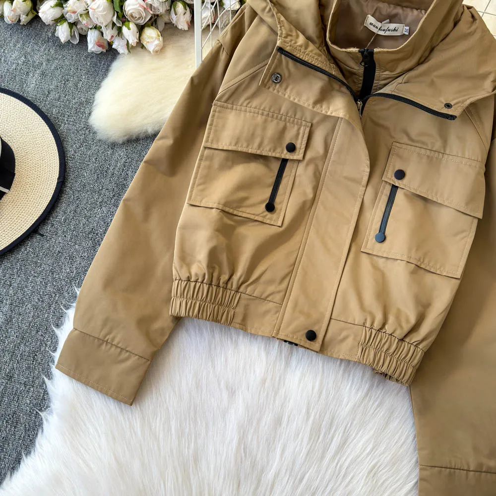 Zipper Short Aviator Jacket Long Sleeve Windproof Hooded Windbreaker Coats Autumn and Winter Women's Tops