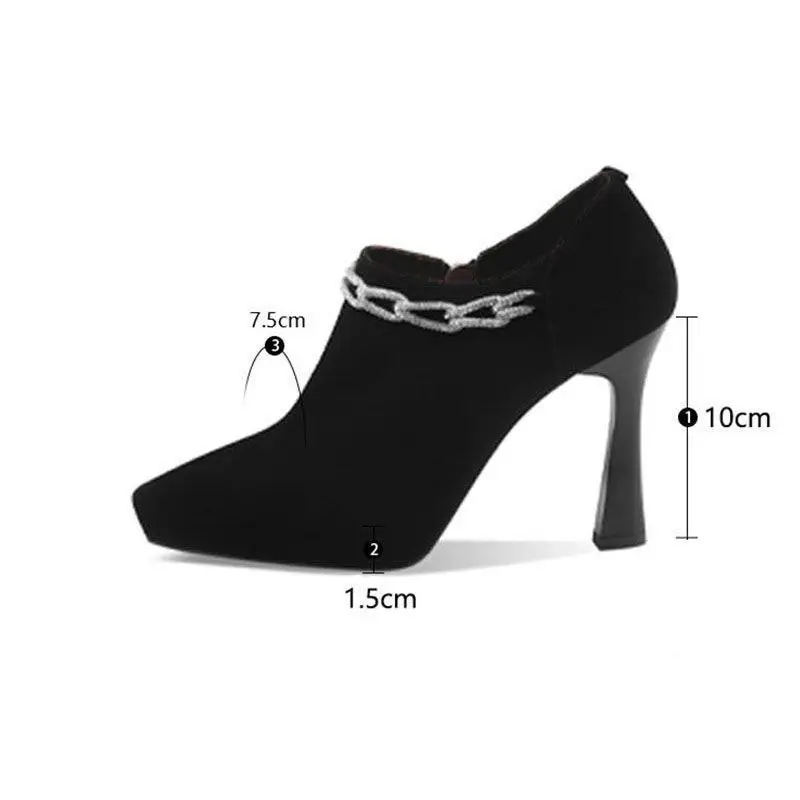 FHC 2024 nuovi tacchi alti con strass, scarpe floccate singole di forma profonda, décolleté da donna, cerniera laterale, punta a punta, nero, taglia