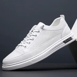 New Shoes for Men Spring Summer Genuine Leather Casual Shoes Designer Microporous White Flat Skateboard Shoes Leisure Sneakers