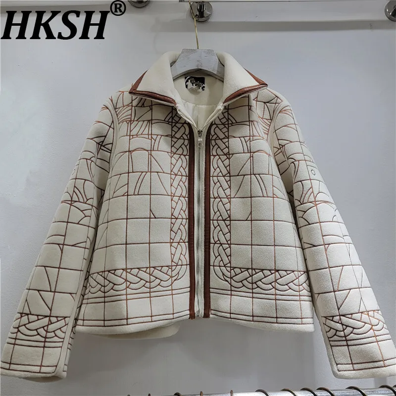 

HKSH весенне-осенняя новая женская куртка из искусственной кожи в стиле пэчворк с вышивкой, шерстяная контрастная цветная уличная одежда на молнии, пальто HK13142