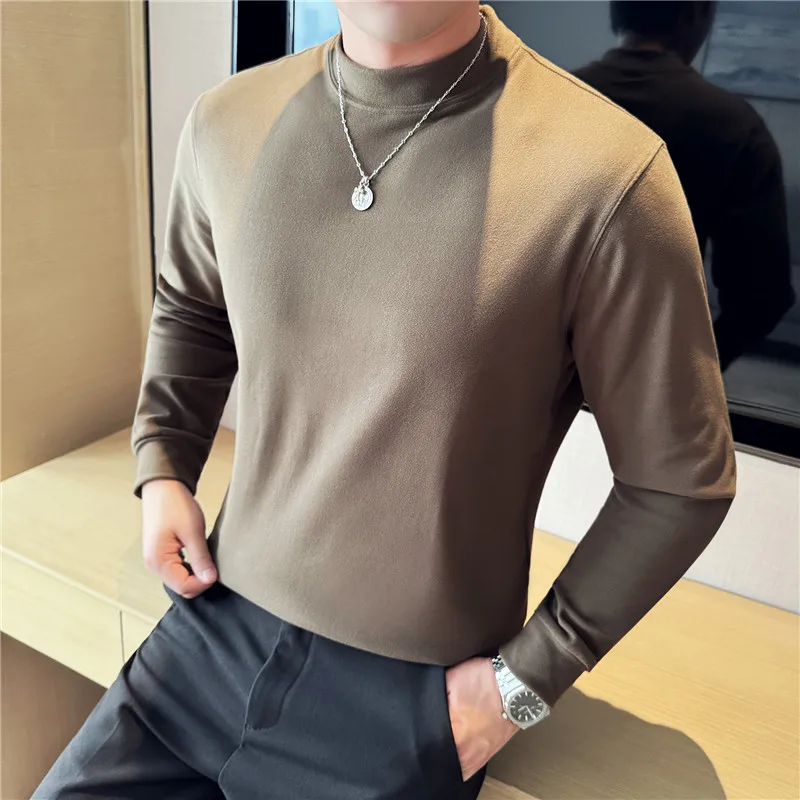 Men's Thickened Long-sleeved T-shirt with Semi-high Collar, Slim Fit, Autumn and Winter Thermal T-shirt.M-4XL