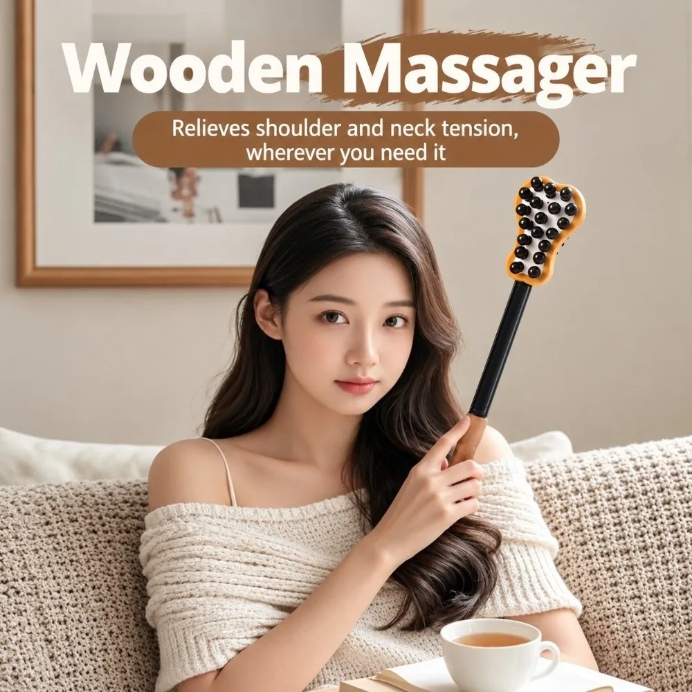Double Sided Head Hand Massage Hammer Long Grip Bead Nodule Body Tapping Stick Light Weight Wooden Handle