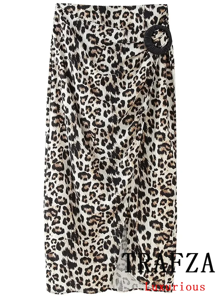 TRAFZA Vintage Casual Chic Women Skirt Leopard Print Loose Long Straight Midi Skirt Fashion 2024 Summer Streetwear Skirts