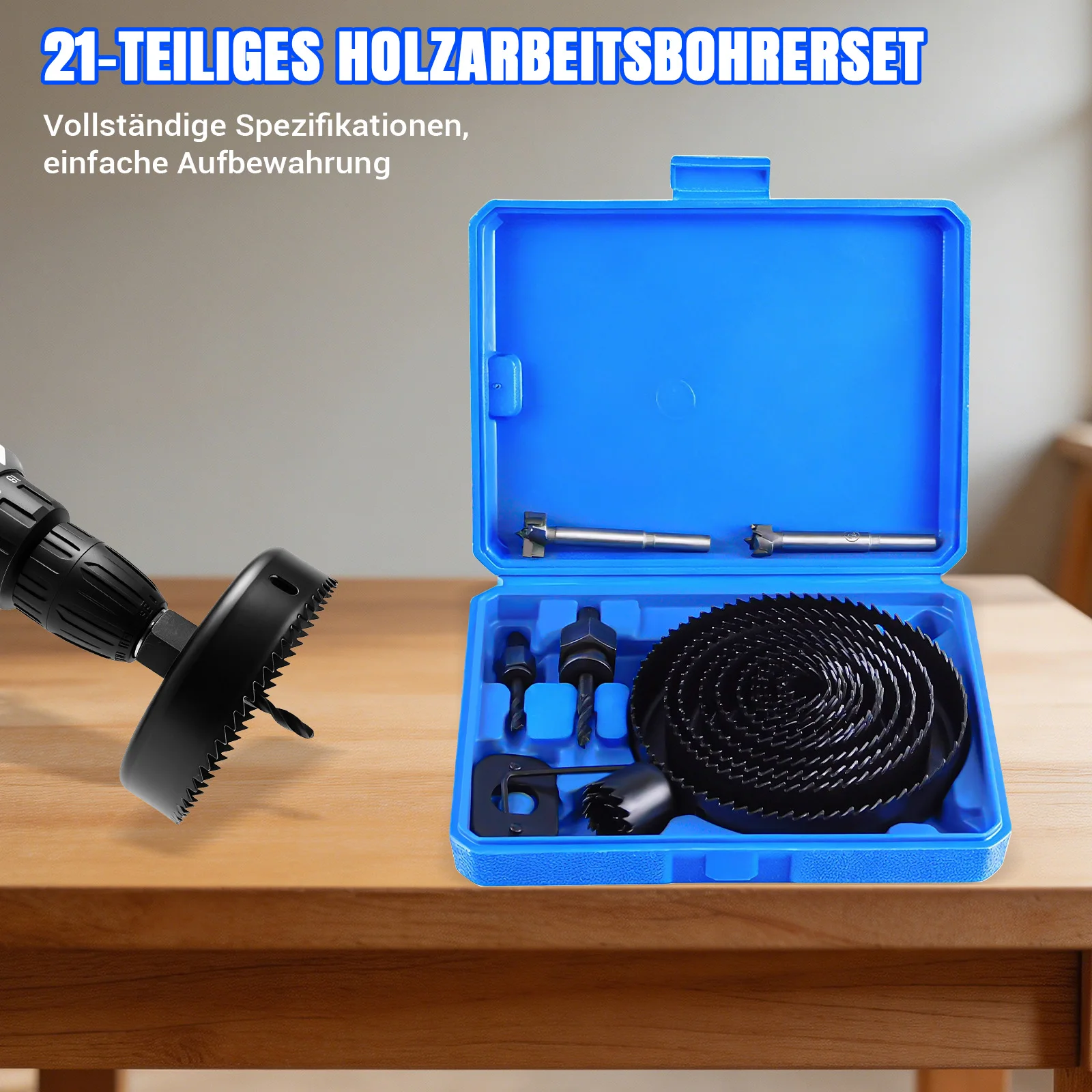 Lochsägen-Set 21-teilig - Lochsägen mit Durchmessern von 19mm bis 127mm, 2 Dorne, 1 Bohrer, 1 Montageplatte, 1 Sechskantschlüssel & Kompaktes Etui. Ideales Lochsägen-Set für Holz & PVC - 21-teiliges