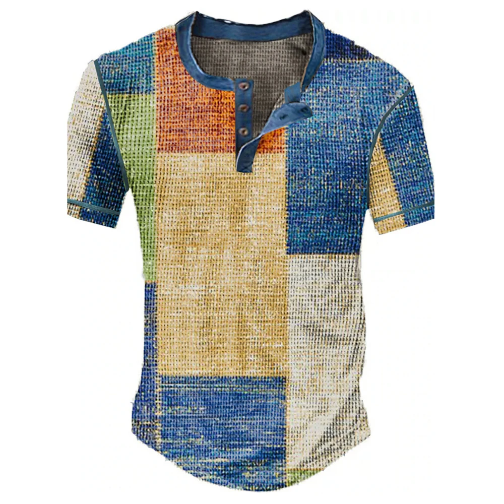Color Block Patchwork Graphic 3D Print Henley Shirts Men's Vintage Fashion Oversized Short Sleeve T Shirt Man Tees Tops Clothing