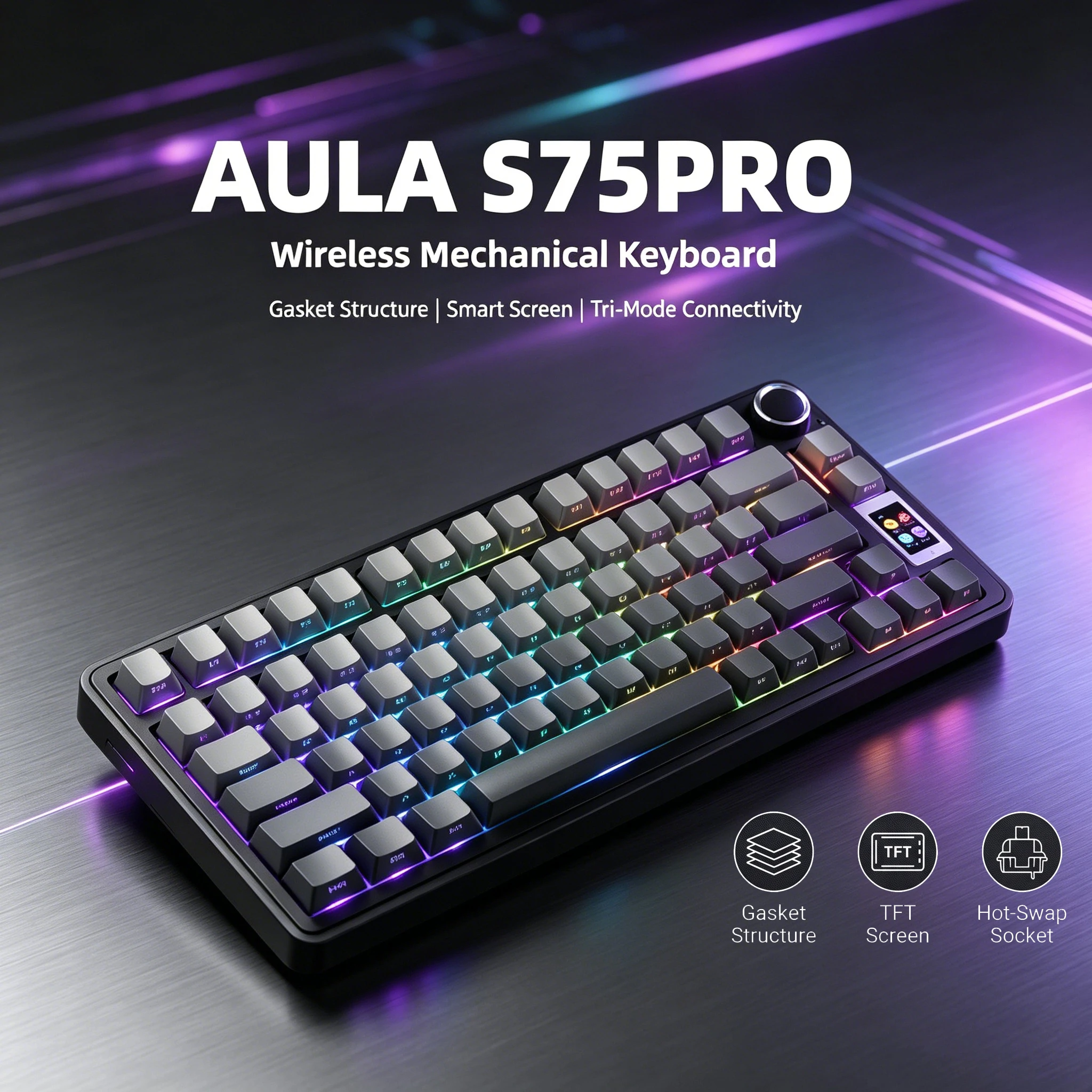 AULA S75 PRO Mechanical Keyboard 75% Custom Layout RGB Backlight Wireless Bluetooth Gaming Keyboard with Screen Knob