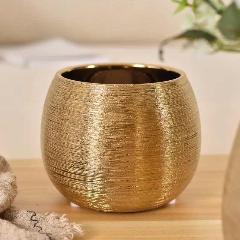Gold-Plated Ceramic Flower Pot Round Vase Succulent Brushed Fleshy F