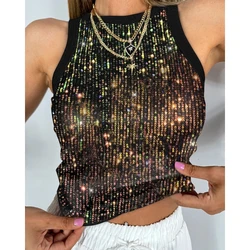 Women's U-Neck Allover Sequin O-neck Sleeveless Tank Tops Slim Fitted Shirt