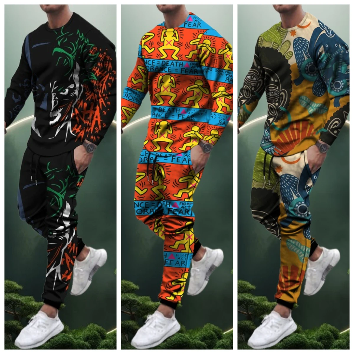 

NEW Latest Explosive Suits 3D Printed Ethnic Style Hunting Graffiti Men's Fashion Trend Long Sleeve T-Shirt Pants Set for Adults