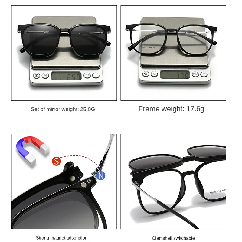 KIZN 2 in 1 女性近視メガネビッグフレーム偏光光学メタルサングラスマグネットクリップ処方眼鏡-0.50 ～ -6.0