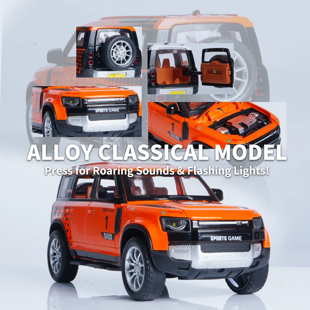 Maßstab 1:22 Legierung Orange Land Rover Automodell Spielzeugauto (kostenlose Anzeigebox), hochwertiges Automodell aus Druckguss ohne elektrischen Rückzugs-Doppeltür-Sportwagen, kreatives Sportthema, Autoventilator |   Ideales Geschenk für Männer, Desktop |   Kreative Heimtextilien-Dekoration, simulierte modische Fahrzeugsammlungen aus Metall, Partygeschenke, Geburtstage |   Weihnachtsgeschenk (Ostern / Weihnachten / Halloween)