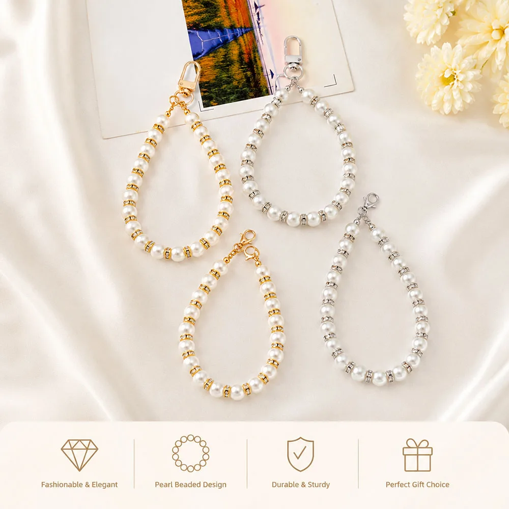 Elegant Pearl & Rhinestone Beaded Phone Charm Strap Wrist Lanyard for iPhone Luxury Keychain Short Handbag Chain Replacement