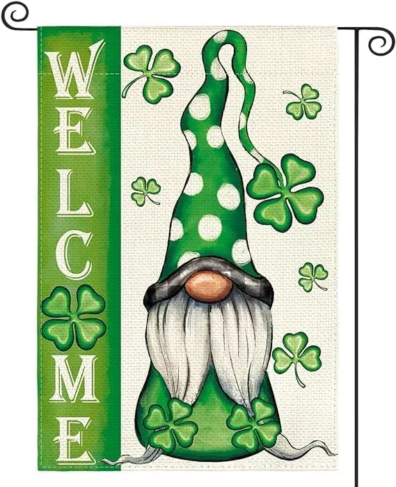 St Patricks Day Leprechaun Gnome Shamrock Welcome Garden Flag 12x18 Inch Small Burlap Green Lucky Clover Yard Holiday Flag SP02