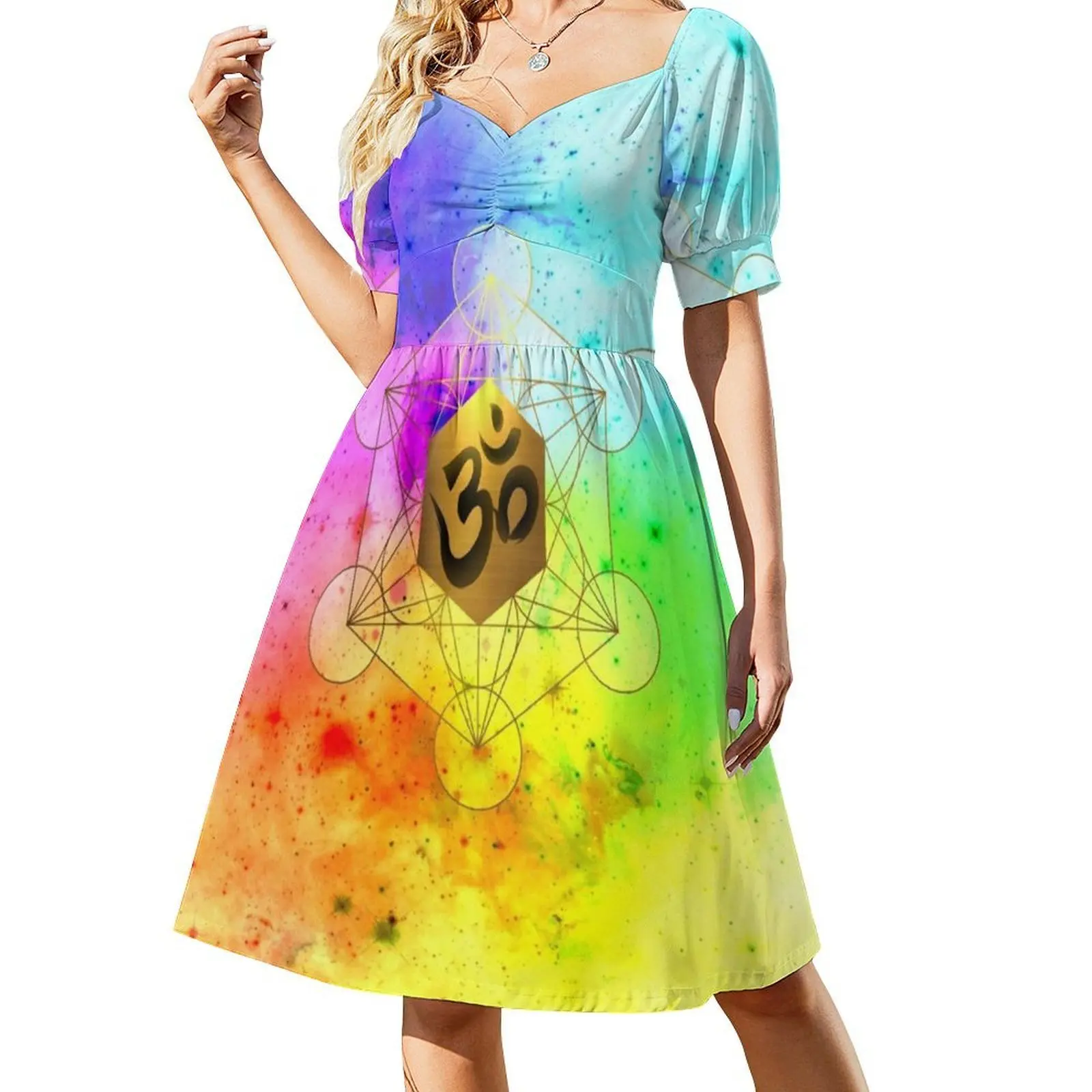 الهندسة المقدسة Metatron'S Cube Om Chant فستان سموك الأزهار للنساء الربيع الصيف فستان كاجوال للحزب الهندسة المقدسة Om