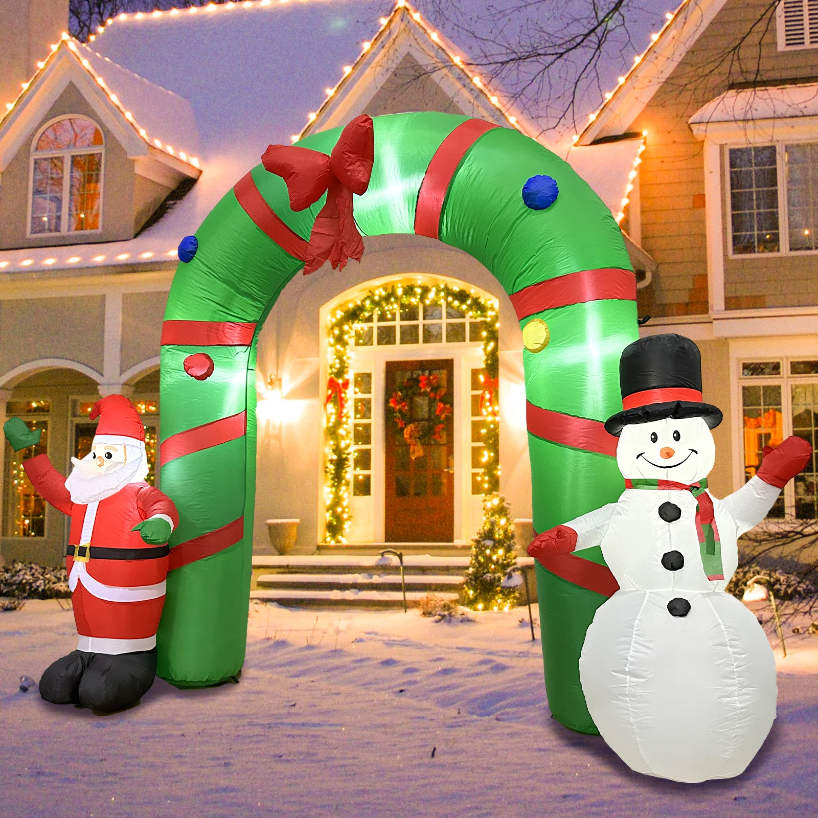 

OurWarm 8ft Xmas Santa Claus and Snowman Arch Blow Up Patio Decoration Christmas Inflatable Arch with Built-in LED Lights