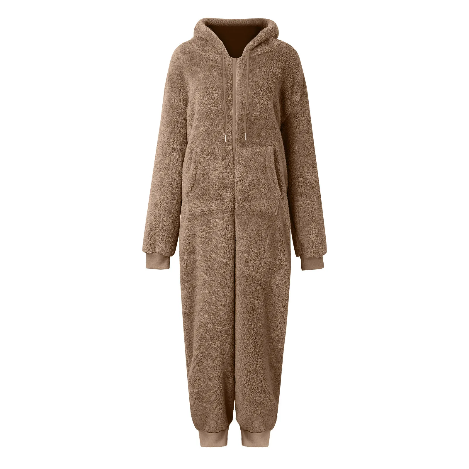 Women\'s Artificial Wool Pajamas Solid Color Sleepwear Full Body Zipper Hooded Jumpsuit Autumn Winter Warm Fleece Rompers Onesie