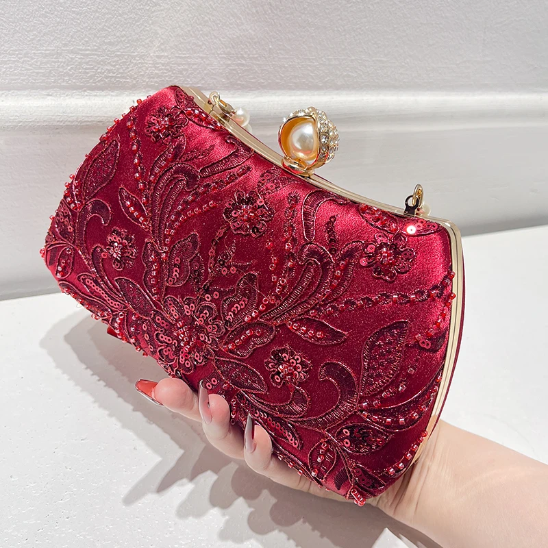 Pearl-studded handbag with pearl chain strap - evening dress bag for formal events, wedding party, lady's bag with elegant style