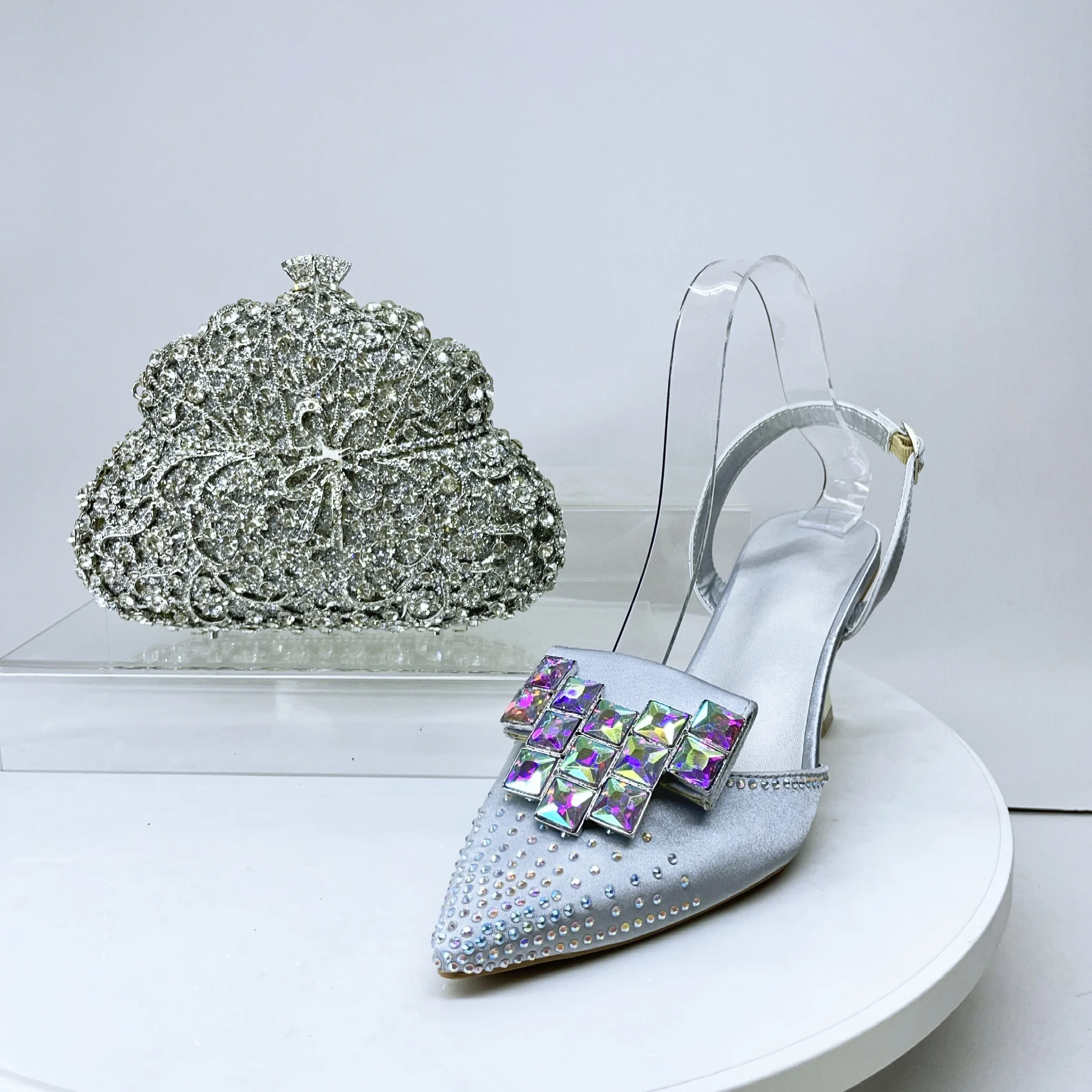 

LNATISNOVA/женские босоножки на шпильке с серебряными кристаллами, комплект обуви и сумки с драгоценными камнями, туфли на танкетке на высоком каблуке со стразами для свадебных кошельков