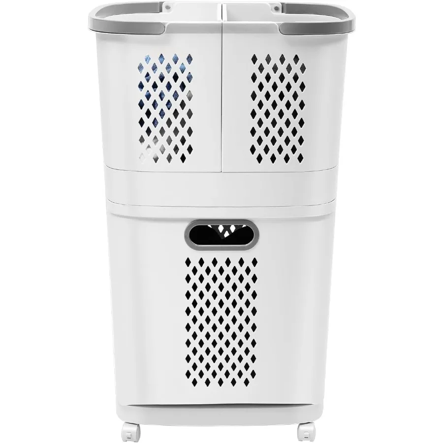 Rolling Laundry Cart, Laundry Hamper with Wheels, Laundry Cart on Wheels, White 3 Storage Baskets Breathable Dirty Clothes Bask