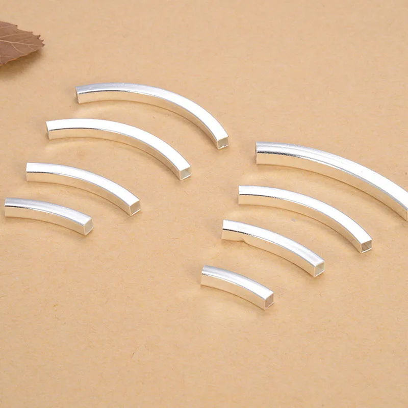 Real Pure Solid 925 Sterling Silver Connector Square Curved Tube Silver Long Beads for Bracelet Necklace Jewelry Making Findings