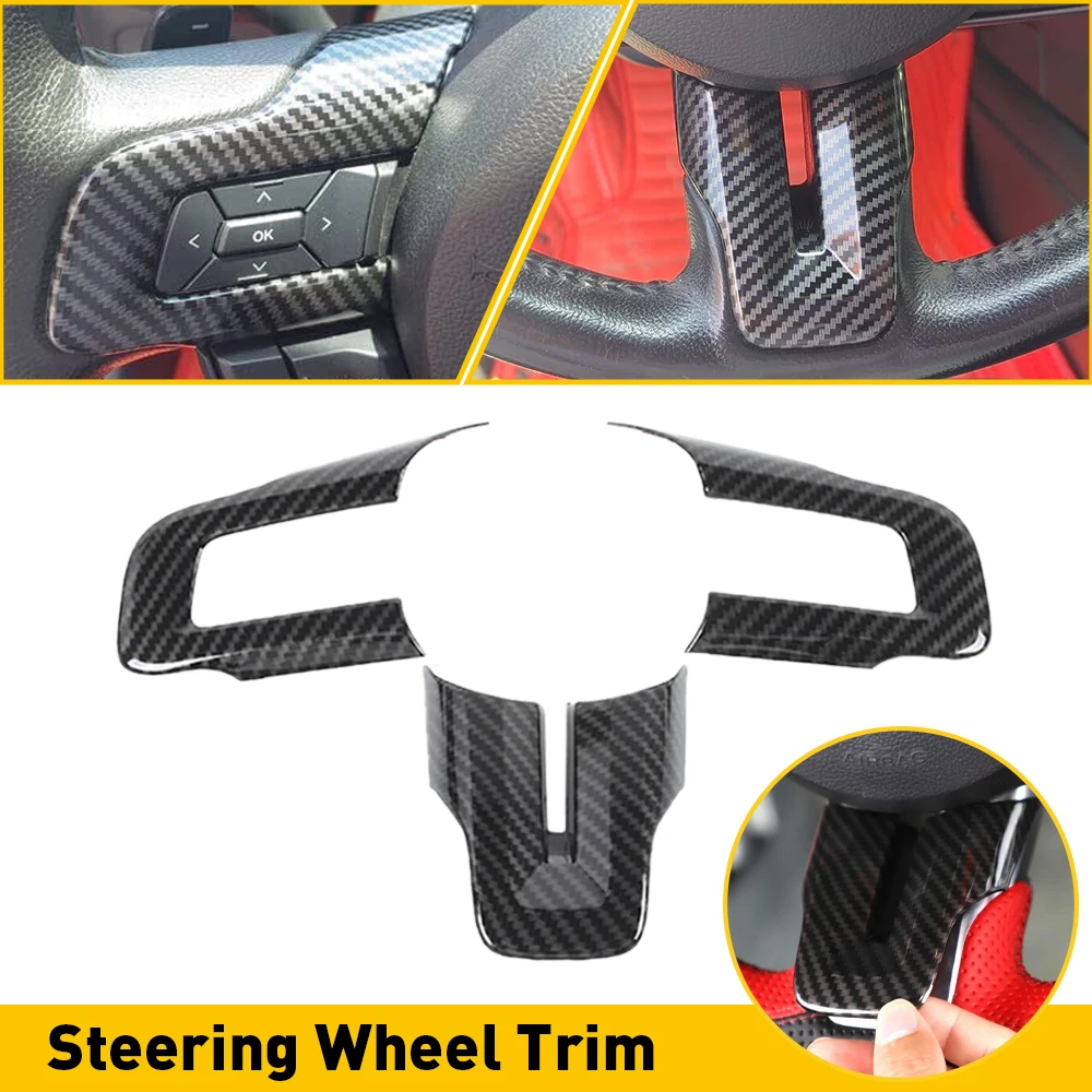 3Pcs set Carbon Fiber Car Steering Wheel Frame Cover For Ford Mustang 2015 2016 2017 2018 2019 2020 2021 2022 Auto Accessories
